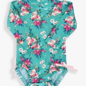 Ruffle Butts Teal and Pink Floral Rashguard